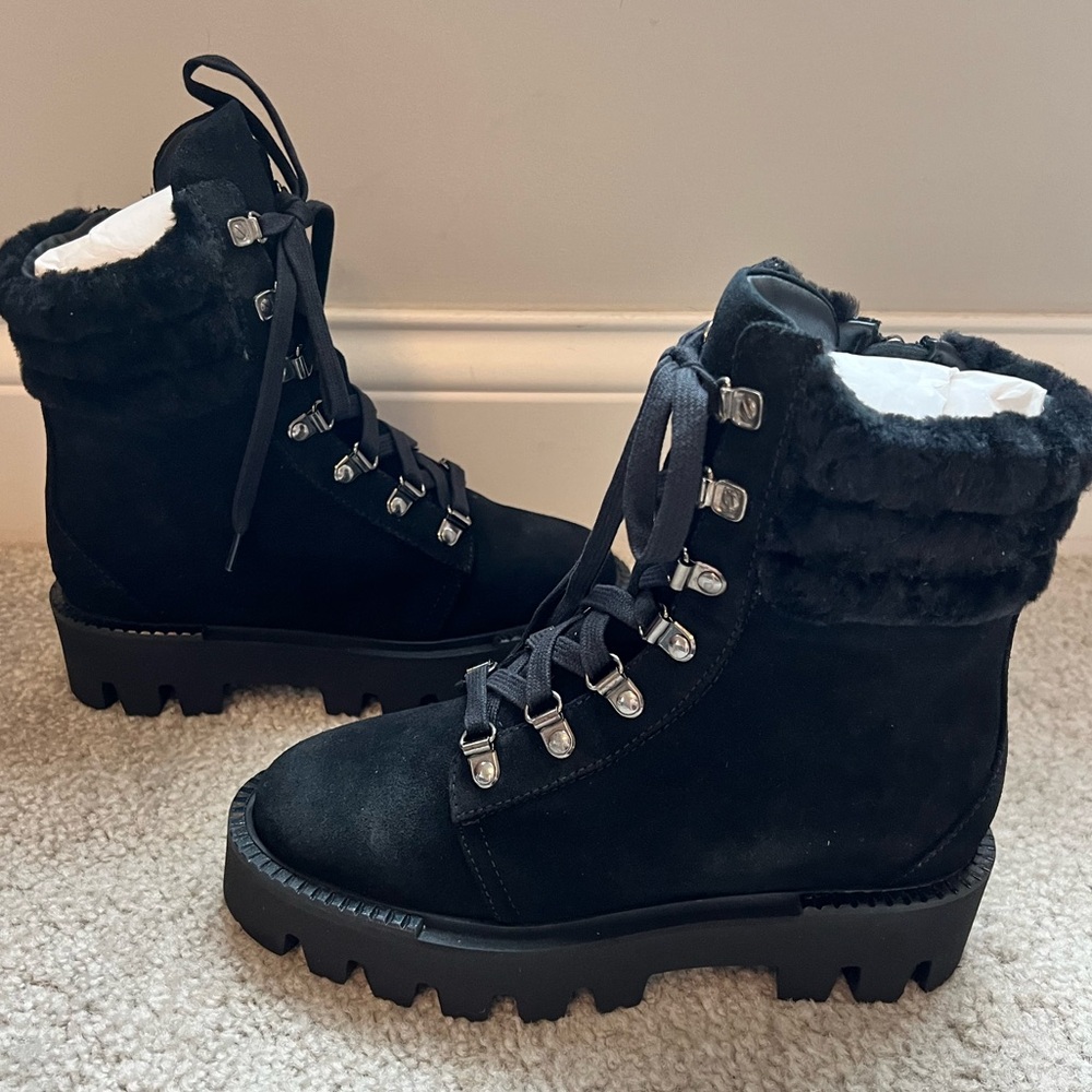 Aquatalia Alyssa Weather proof black suede and shearling boot size 5 NWT